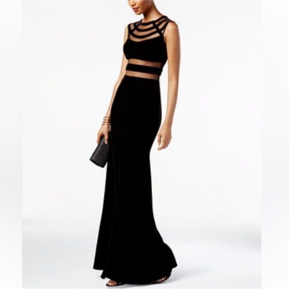 Betsy & Adam Formal Black Velvet Dress with Mesh Cutouts Size 6